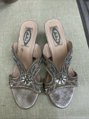 Italina Iridescent Crystal-Embellished Champagne Slide Mules